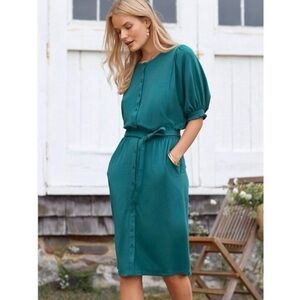 Garnet Hill Teal Tencel Midi Dress Button Front Belt Smocked Cuff Size Small NWT